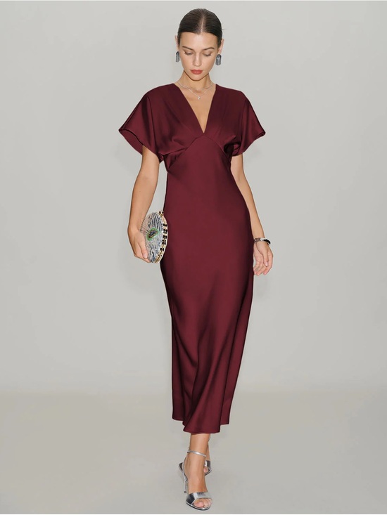 RIHOAS Dresses & Skirts - Wine Red Satin Cowl Sleeve Midi Dress